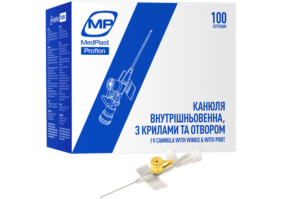 Канюля внутрішньовенна MP MedPlast Proflon 24G (0,7 x 19 мм) жовта, 100 шт