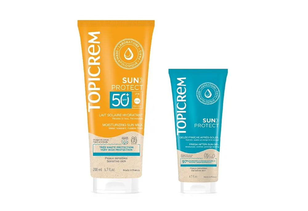 Набір Topicrem Sun Protect (Молочко для обличчя та тіла SPF50+ сонцезахисне зволожувальне, 200 мл + Гель після засмаги тонізуючий, 50 мл)