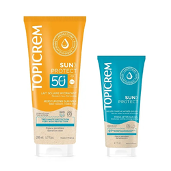 Набір Topicrem Sun Protect (Молочко для обличчя та тіла SPF50+ сонцезахисне зволожувальне, 200 мл + Гель після засмаги тонізуючий, 50 мл)