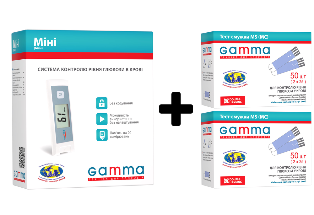 Набір Глюкометр Gamma Mini + Тест-смужки Gamma MS для глюкометра Mini та Speaker, 100 штук