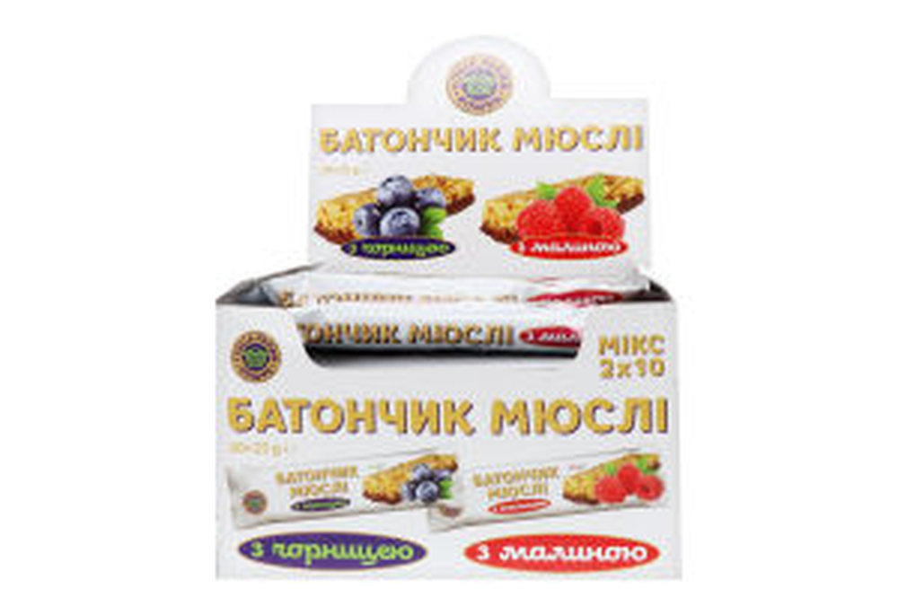 Мікс: Батончик-мюслі з ягодами та соком чорниці, 10 шт і Батончик-мюслі з ягодами та соком малини, 10 шт