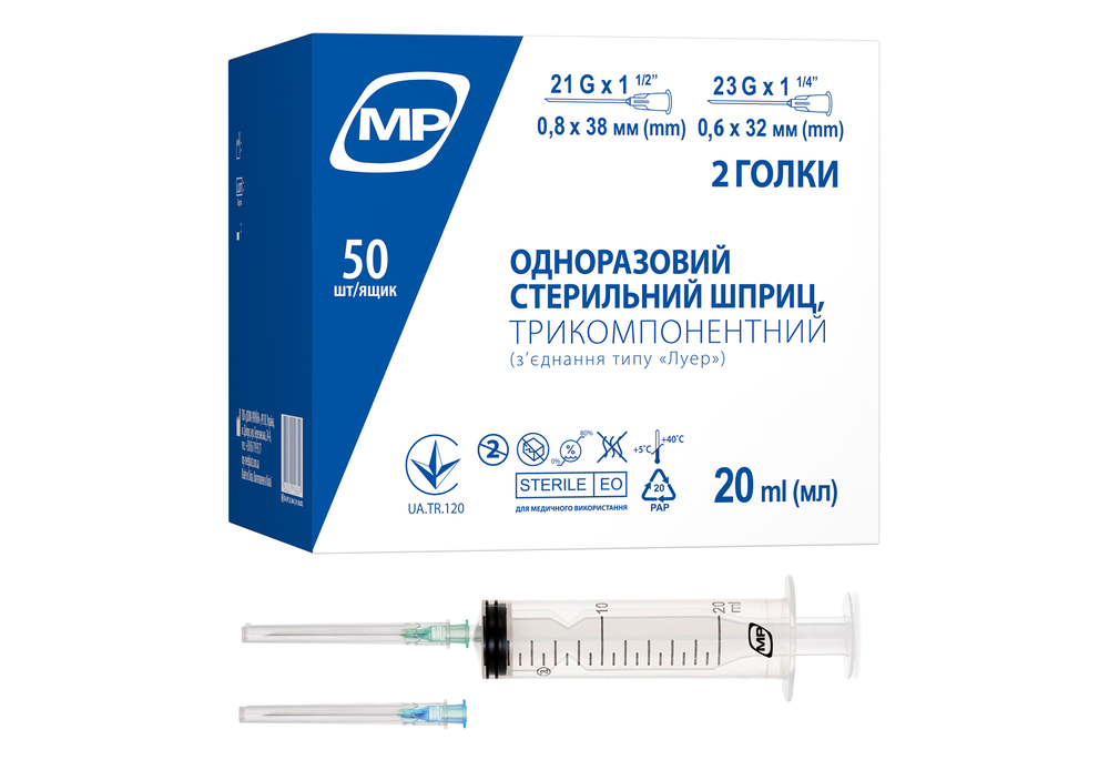 Шприц 20 мл МР MedPlast 3-компонентний з двома голками 21G (0,8 x 38 мм) і 23G (0,6 x 32 мм), 50 шт