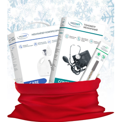 Новорічний набір з тонометром MedHit Control механічним, термометром медичним скляним без ртуті MedHit Safe і небулайзером компресорним MedHit Care