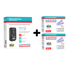 Набір Глюкометр GAMMA DIAMOND PRIMA + Тест-смужки Gamma DM для глюкометра Diamond та Prima, 100 штук