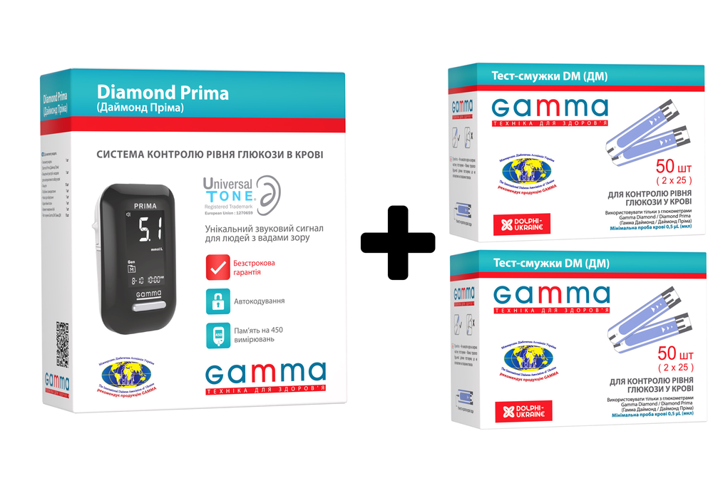 Набор Глюкометр GAMMA DIAMOND PRIMA + Тест-полоски Gamma DM для глюкометра Diamond и Prima, 100 штук
