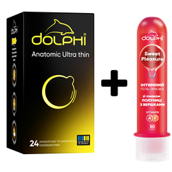 Набор Dolphi анатомические сверхтонкие 24 шт + Гель с ароматом клубники съедобный 50 мл